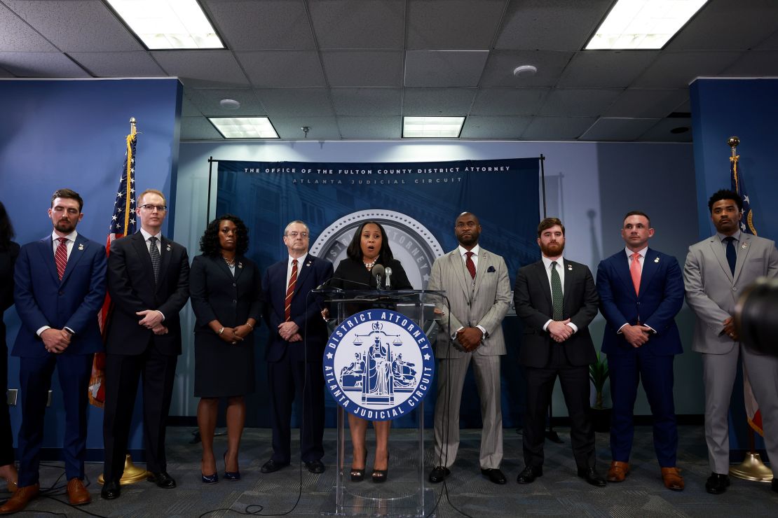 Fulton County District Attorney Fani Willis speaks during a news conference at the Fulton County Government building on August 14, 2023 in Atlanta, Georgia.