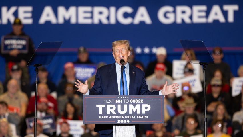 CLAREMONT, NEW HAMPSHIRE - NOVEMBER 11:  Republican presidential candidate former President Donald Trump delivers remarks during a campaign event on November 11, 2023 in Claremont, New Hampshire. The defense is scheduled to start presenting its case on Monday in Trump's fraud case. (Photo by Scott Eisen/Getty Images)